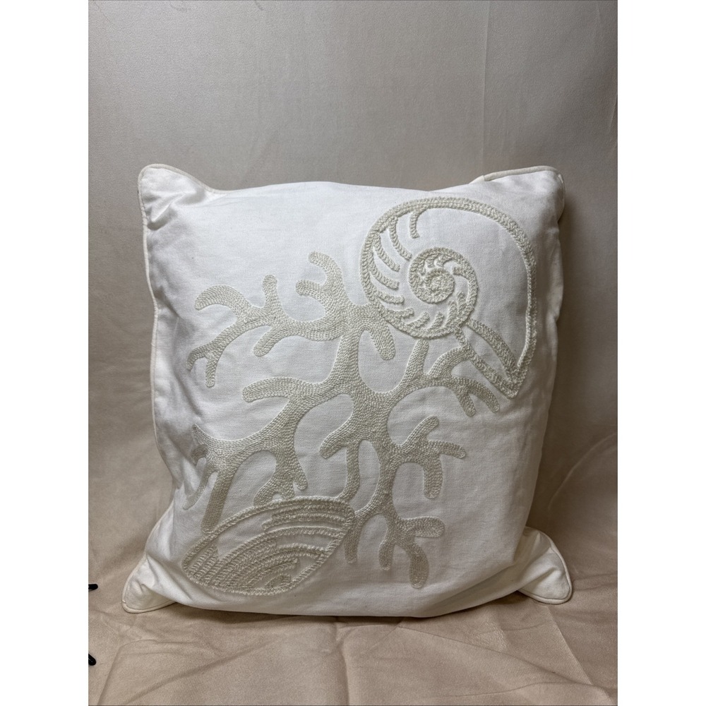 Neutral Embroidered Coastal Shell Coral Pillow VGUC White Duck‎ Feather Fill